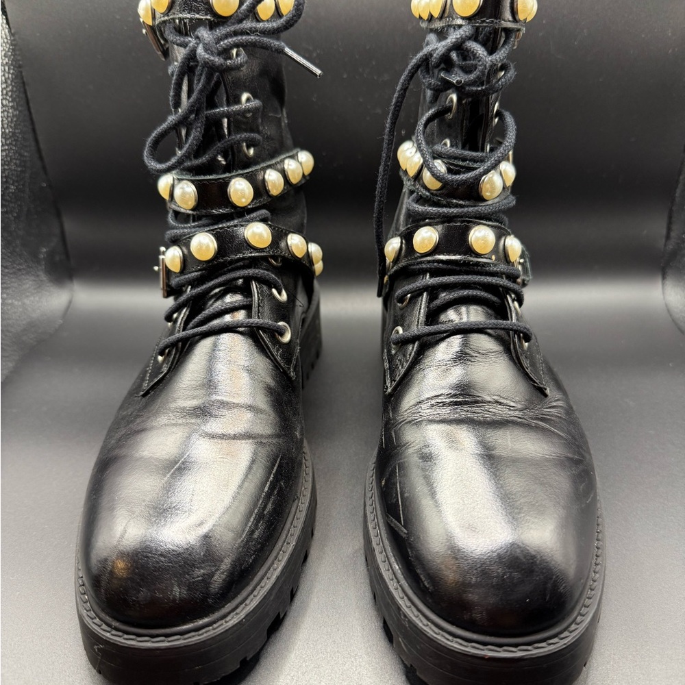 Zara Black Combat Boots with Pearl Accents